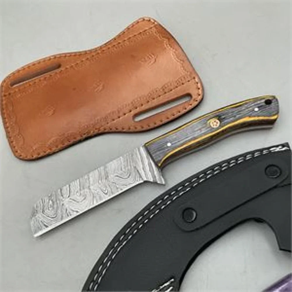 Shareez & Sons Damascus Cleaver & Ulu Chopper Fixed Blade Knife Set with Sheaths